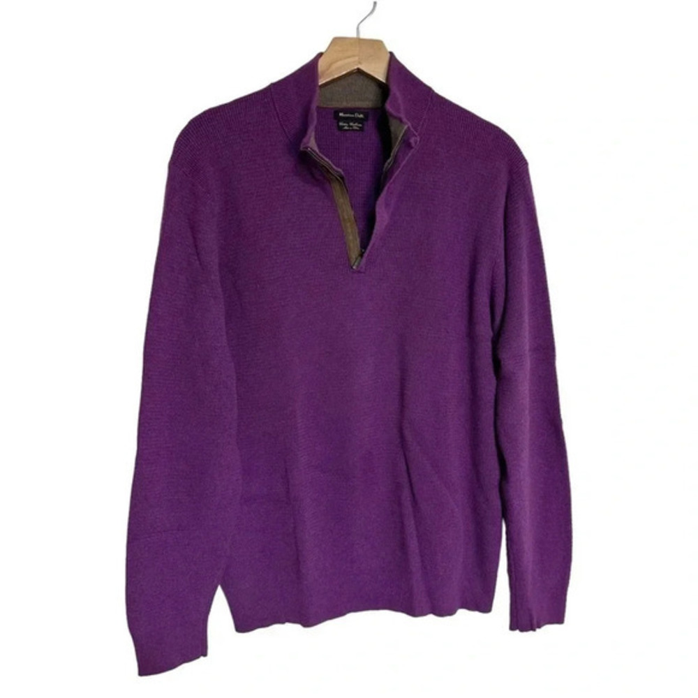 Massimo Dutti L/XL purple‎ & brown trim 1/4 zip cotton cashmere sweater